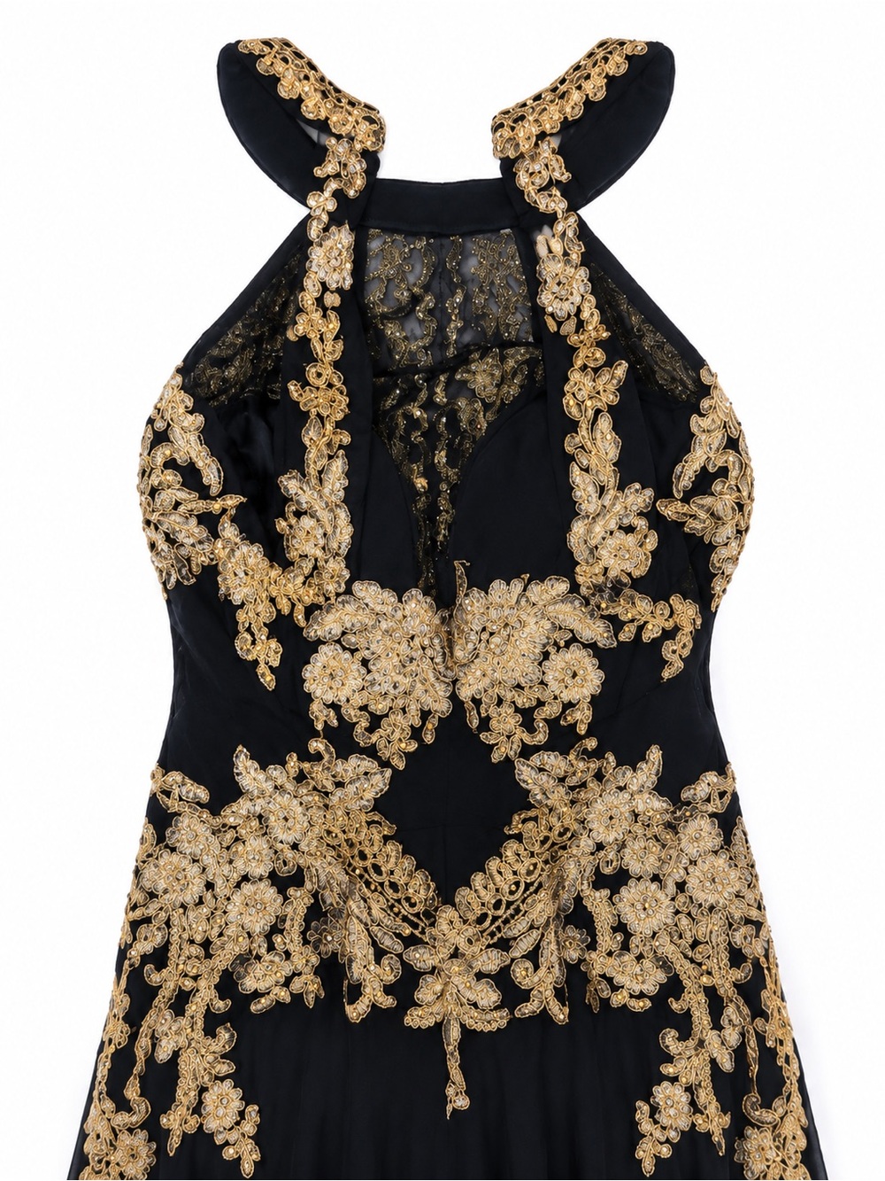 Black  Halter Evening Gown with Gold Lace Appliqué - Picture 5 of 5